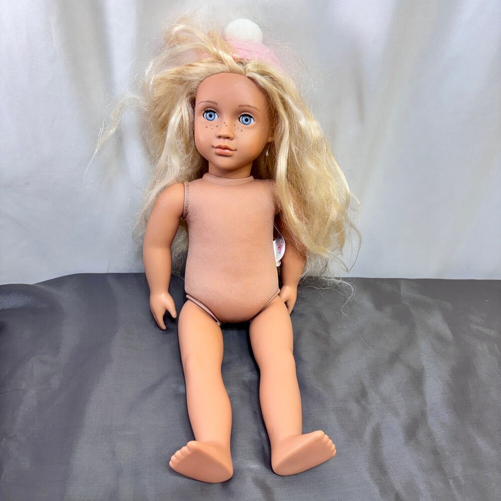 Battat Our Generation 18" Doll Blonde Hair Blue Eyes Freckles Attached Pink Hat